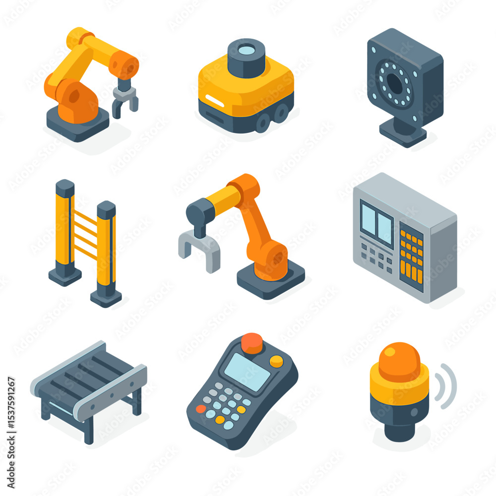 Poster automated robotics icons. isometric flat icon set of automated robotics systems: industrial robot ar