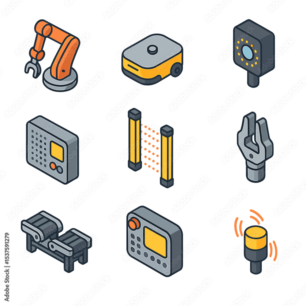 Poster automated robotics icons. isometric flat icon set of automated robotics systems: industrial robot ar