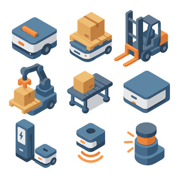 Autonomous Robot Icons. Isometric Flat icon set of autonomous mobile robots in manufacturing: AMR, AGV, robotic forklift,