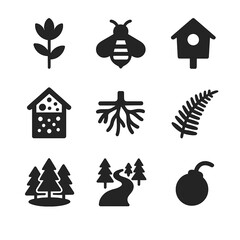 Biodiversity Icons Grid. Solid, Filled icon set of biodiversity enhancement: native plant, pollinator bee, birdhouse, insect hotel