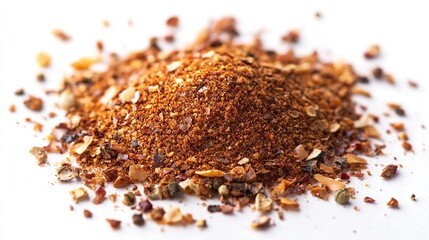 Heap of reddish-brown, coarsely ground seasoning on a white surface