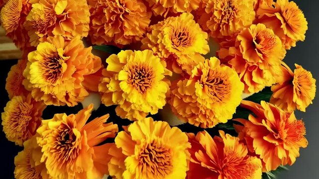 Close-up showcasing several vibrant orange marigold flowers, filling the frame, perfect for backgrounds and festive designs