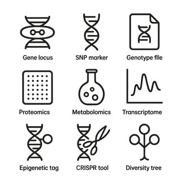 Biomarkers Icon Set. Outline icon set of biomarkers and genomics: gene locus, SNP marker, genotype file, proteomics chip,