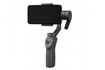 Modern electronic gimbal stabilizing a smartphone for smooth video footage, isolated on transparent background, perfect for content creators