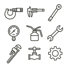 Brass Tool Icons. Outline icon set of brass mechanical tools: micrometer, caliper, torque wrench, pressure gauge, oil can, spanner