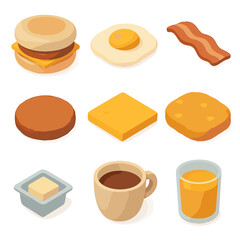 Breakfast Sandwich Icons. Isometric Flat icon set of breakfast sandwiches: english muffin, fried egg, bacon strip, sausage patty,