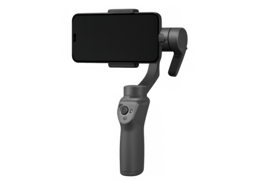 Modern electronic gimbal stabilizing a smartphone for smooth video footage, isolated on transparent background, perfect for content creators