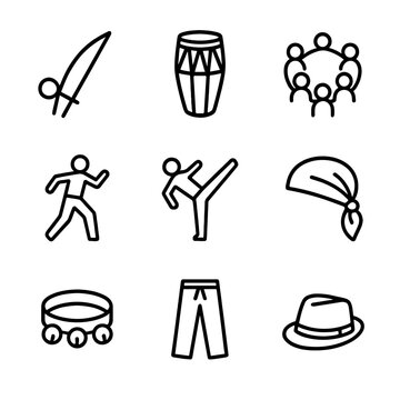 Capoeira Icon Set. Outline icon set of capoeira and martial dance: berimbau, atabaque drum, roda circle, ginga pose, meia-lua kick