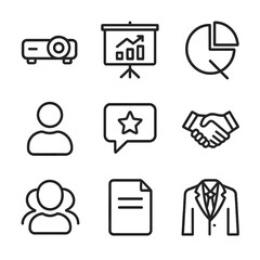 Client Meeting Icons. Outline icon set of client presentation meetings: projector, presentation slide, pie chart, pointer, client