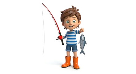Cartoon boy fisherman with fishing rod and rubber boots, holding a small fish. Nature-loving child character on white background.