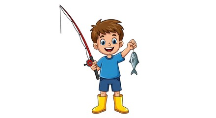 Cartoon boy fisherman with fishing rod and rubber boots, holding a small fish. Nature-loving child character on white background.