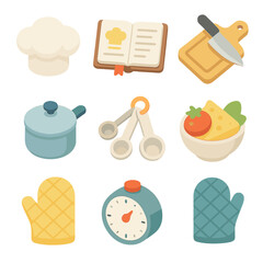 Cooking Icon Set. Isometric Flat icon set of Cooking textbook: chef’s hat, open recipe book, cutting board, knife, saucepan,