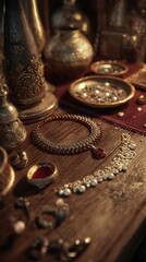 Fototapeta premium Still life of jewelry and ornate vessels on a wooden surface in warm lighting conditions