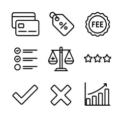 Credit Card Icons. Outline icon set of credit card offer comparison: side-by-side cards, interest rate tag, annual fee badge,