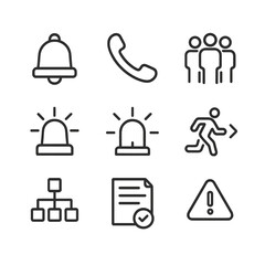 Obraz na płótnie Canvas Crisis Management Icons. Outline icon set of crisis management tipping point: alarm bell, emergency phone, response team, siren