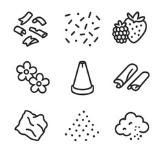 Decorative Icon Set. Outline icon set of decoration elements: chocolate shavings, sprinkles, fresh berries, edible flowers, piping