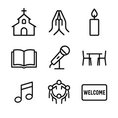 Faith Icons Grid. Outline icon set of faith-based gatherings: church silhouette, prayer hands, candle flame, scripture book, choir