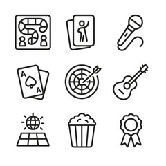 Family Games Icon Set. Outline icon set of family games and entertainment: board game, charades card, karaoke microphone, playing