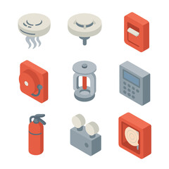 Fire Safety Icon Set. Isometric Flat icon set of fire alarm system: smoke detector, heat detector, manual pull station, fire alarm
