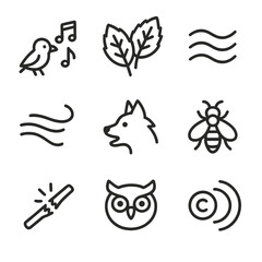 Forest Sounds Icons. Outline icon set of forest sounds: bird notes, rustling leaves, flowing water, wind gust, animal call, insect