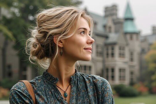 A woman with blonde hair in front of a large building