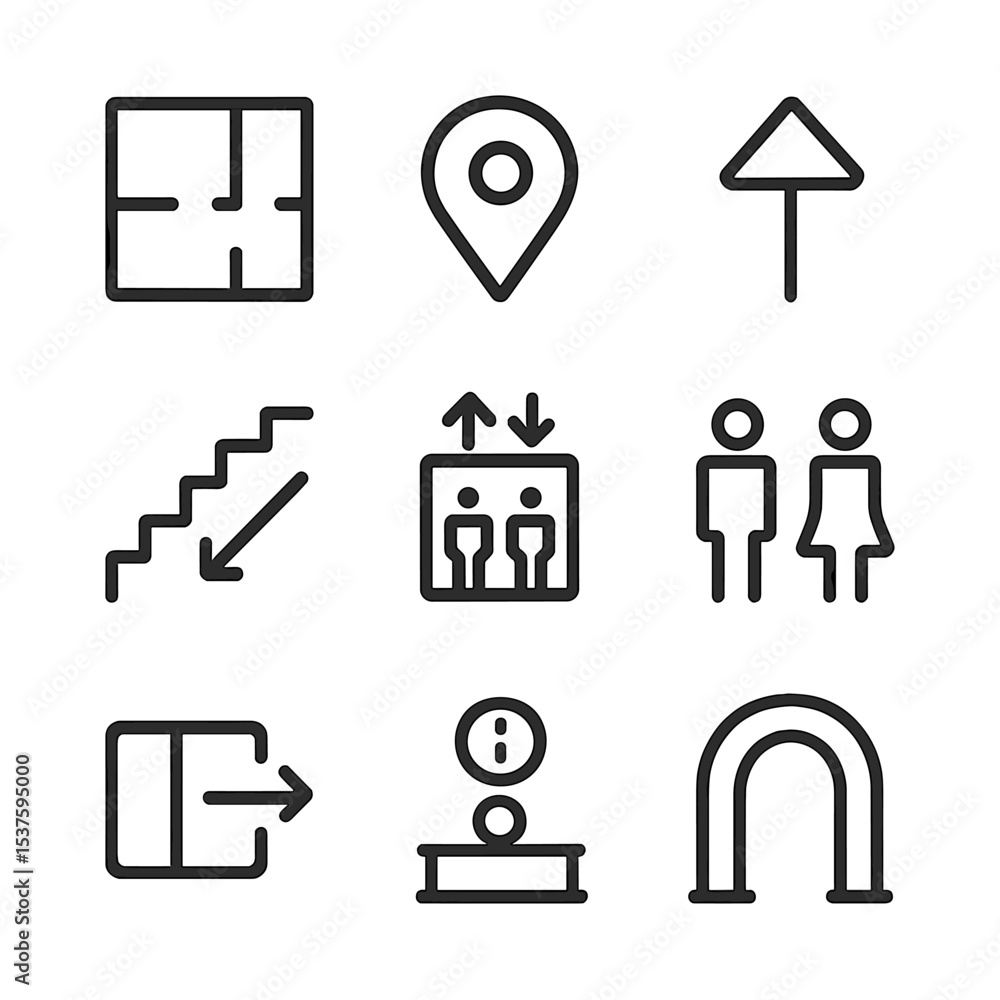 Poster gallery navigation icons. outline icon set of gallery navigation: floor plan, map pin, arrow marker,