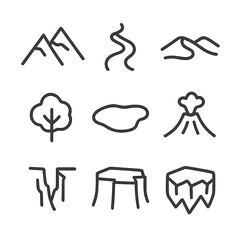 Fototapeta premium Geographic Icons Set. Outline icon set of geographic features: mountain range, river, desert dune, forest treetop, lake silhouette