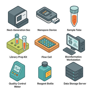 Gene Sequencing Icons. Isometric Flat icon set of gene sequencing technologies: next-generation sequencer, nanopore device, sample