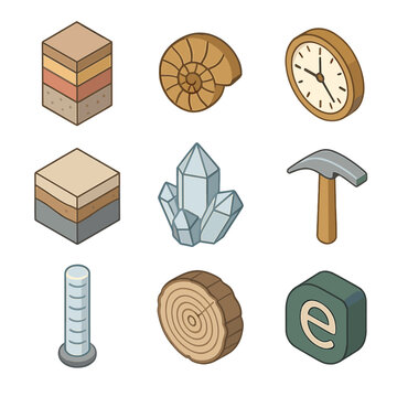 Geological Time Icons. Isometric Flat icon set of geological time scales: stratigraphic column, fossil ammonite, radiometric clock