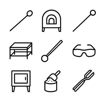 Glassblowing Icon Set. Outline icon set of glass blowing and stained glass: blowpipe, furnace, glass rod, marver table, punty,