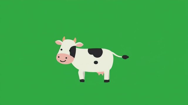Animated Cartoon Cow Wagging Tail on Green Background Video Loop