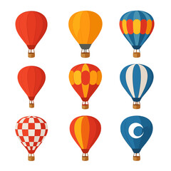 Hot Air Balloon Variations. Isometric Flat icon set of hot air balloon design variations: classic wicker basket, modern composite