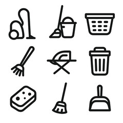 Household Chores Icons. Outline icon set of household chores takeover: vacuum cleaner, mop bucket, laundry basket, dish brush,