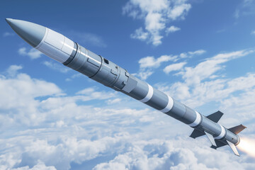 Modern Military Rocket Launch Against Blue Sky with White Clouds