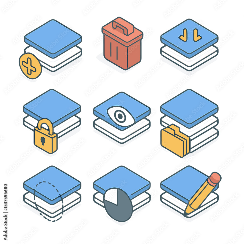 Poster layer management icons. isometric flat icon set of layer management icons: new layer, delete layer, 