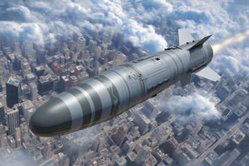 Advanced Military Missile Flying Over Modern City Skyline with Dramatic Clouds