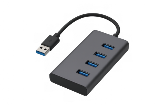 Sleek multi-port usb hub connecting via cable, highlighting contemporary digital connectivity against transparent backdrop