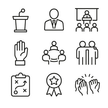 Leadership Icon Set. Outline icon set of leadership engagement features: podium mic, CEO silhouette, town hall stage, commitment