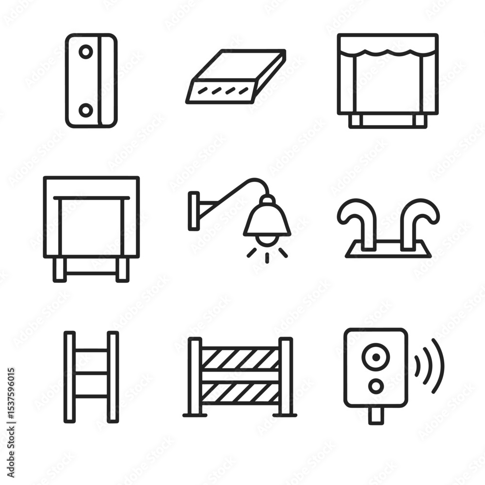 Poster loading dock icons. outline icon set of loading dock elements: dock bumper, dock plate, dock seal, d