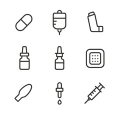 Medical Icon Set. Outline icon set of administration routes: oral pill, IV drip bag, inhaler device, nasal spray bottle,