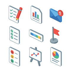 Meeting Outcomes Icons. Isometric Flat icon set of meeting outcomes and follow-up: action plan, report file, email notification,