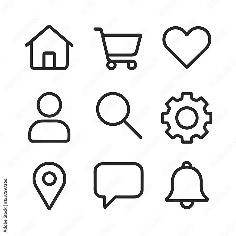Poster minimal ui icons. outline icon set of flip-flop icons for ui: home button, shopping cart, wishlist h