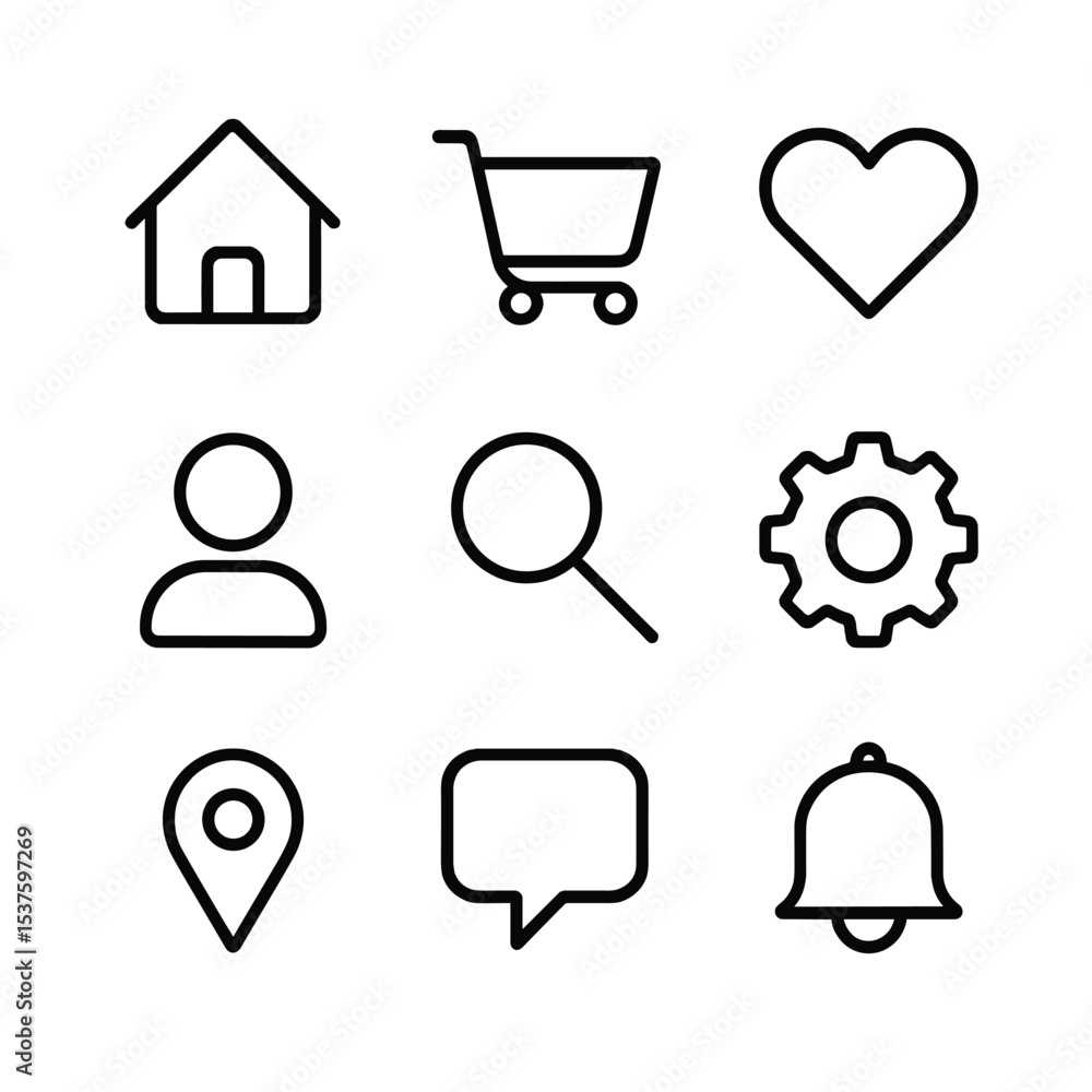 Poster minimal ui icons. outline icon set of flip-flop icons for ui: home button, shopping cart, wishlist h