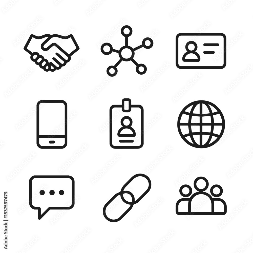 Poster networking icon set. outline icon set of networking and connections: handshake, network nodes, busin