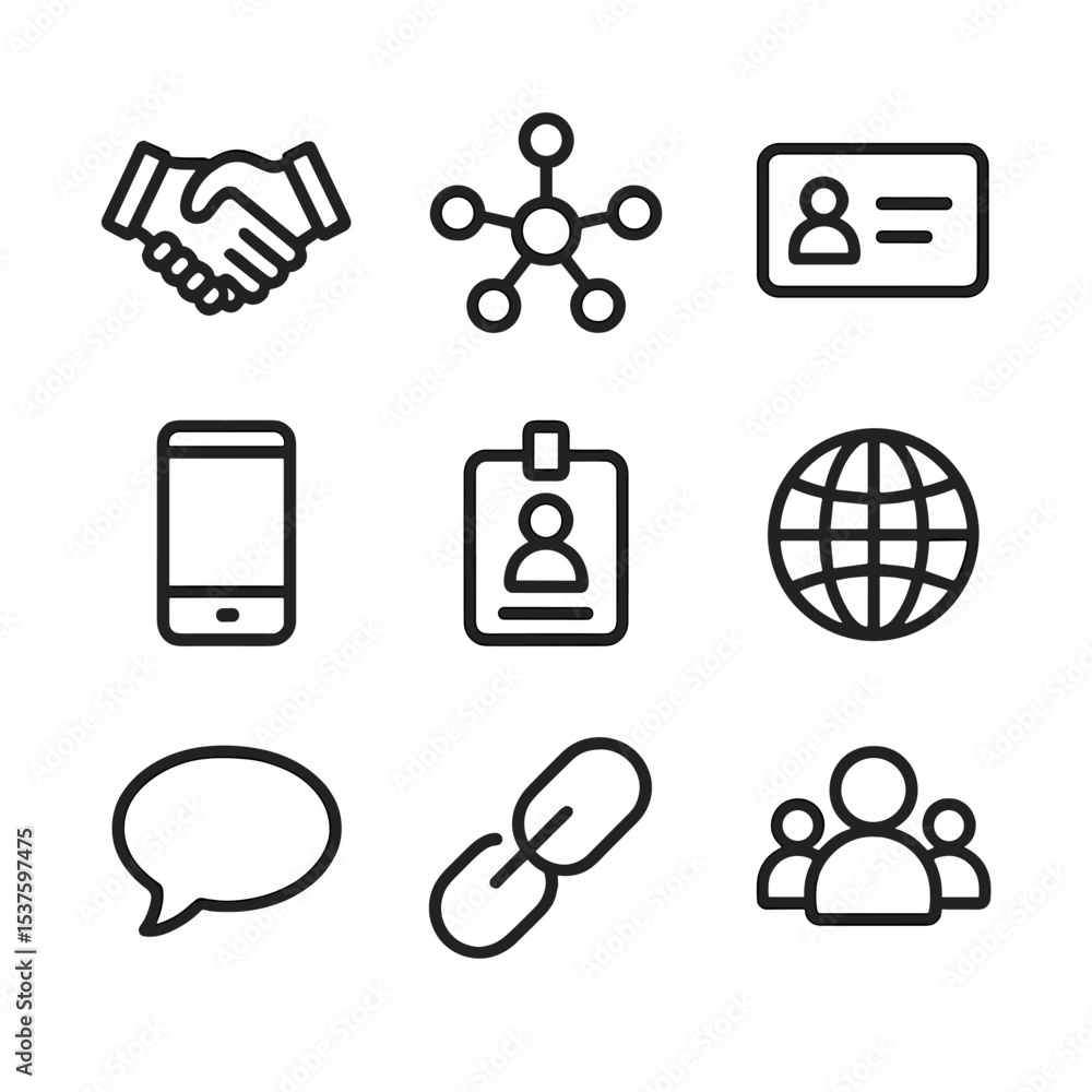 Poster networking icon set. outline icon set of networking and connections: handshake, network nodes, busin