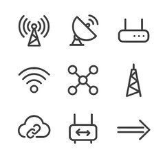 Fototapeta premium Network Expansion Icons. Outline icon set of network expansion: Wi-Fi tower, satellite dish, mesh router, signal waves, connected