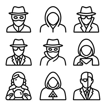 Mysterious Character Icons. Outline icon set of mysterious characters: masked stranger, hooded figure, spy silhouette, secret
