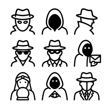 Mysterious Character Icons. Outline icon set of mysterious characters: masked stranger, hooded figure, spy silhouette, secret