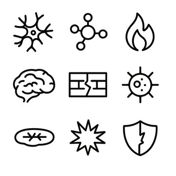 Neuroinflammation Icon Set. Outline icon set of neuroinflammation: microglia cell, cytokine molecule, flame, swelling brain,