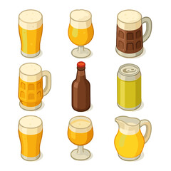 Oktoberfest Beer Icons. Isometric Flat icon set of Oktoberfest beer varieties: lager glass, weissbier tulip, dunkel stein, m&auml;rzen